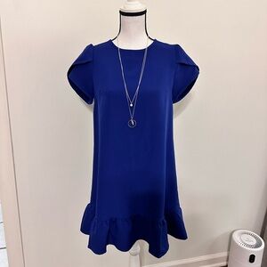 Blue Women's Round Neck Petal Short Sleeve Ruffle Hem Tunic small